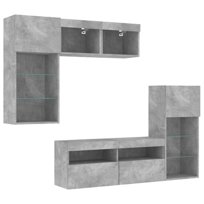 Mobili TV a Muro con LED 5pz Grigio Cemento Legno Multistrato