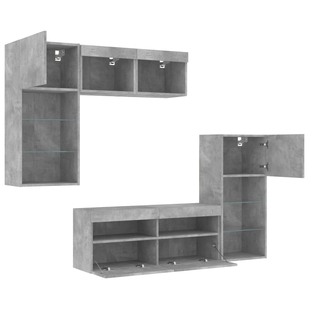 Mobili TV a Muro con LED 5pz Grigio Cemento Legno Multistrato | homemem39