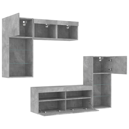Mobili TV a Muro con LED 5pz Grigio Cemento Legno Multistrato | homemem39