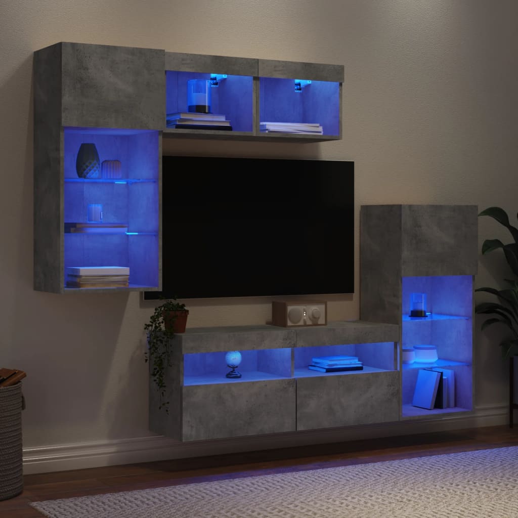 Mobili TV a Muro con LED 5pz Grigio Cemento Legno Multistrato