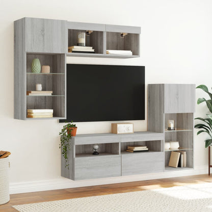Mobili TV a Muro con LED 5pz Grigio Sonoma in Legno Multistrato