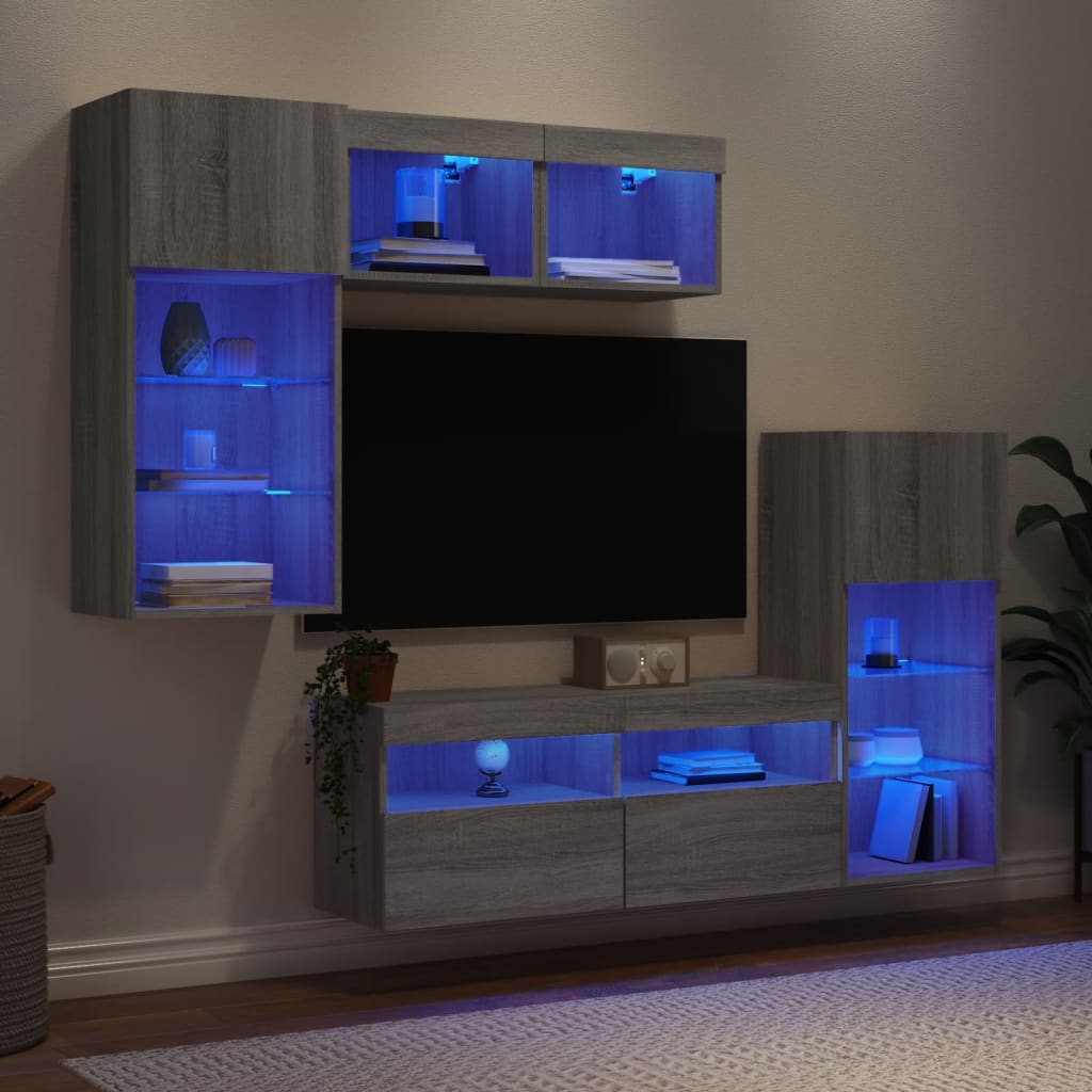 Mobili TV a Muro con LED 5pz Grigio Sonoma in Legno Multistrato