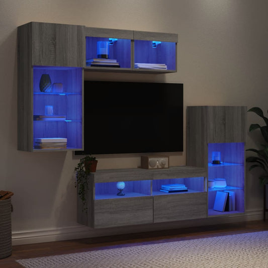 Mobili TV a Muro con LED 5pz Grigio Sonoma in Legno Multistrato