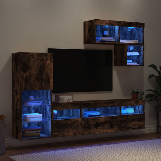 Mobili TV a Muro con LED 6pz Rovere Fumo in Legno Multistrato