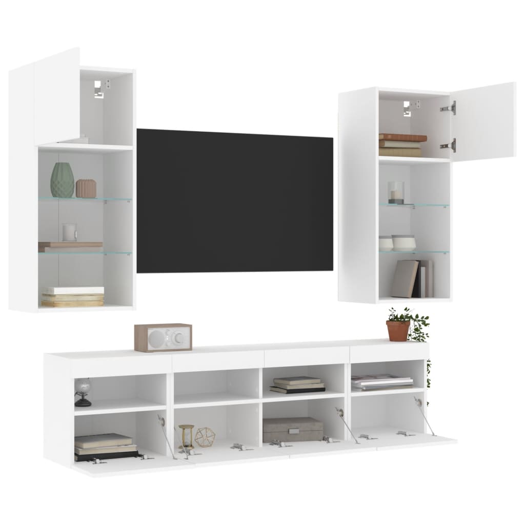 Mobili TV a Muro con LED 5pz Bianchi in Legno Multistrato