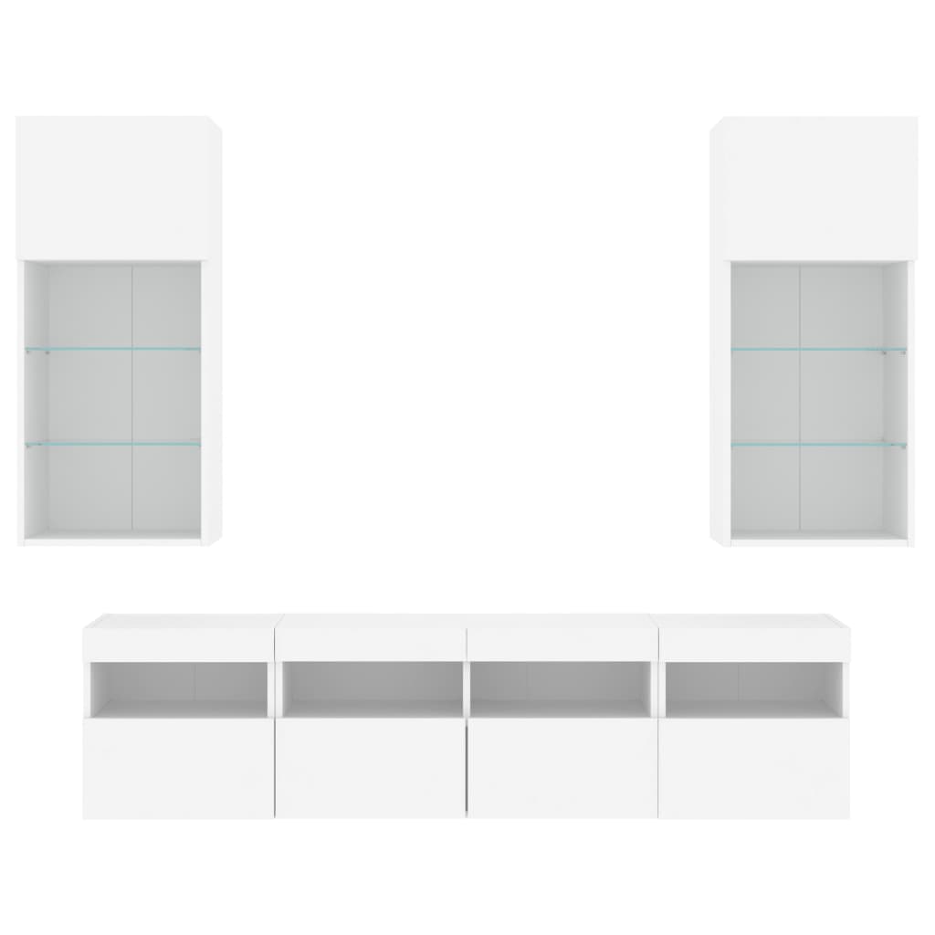 Mobili TV a Muro con LED 5pz Bianchi in Legno Multistrato