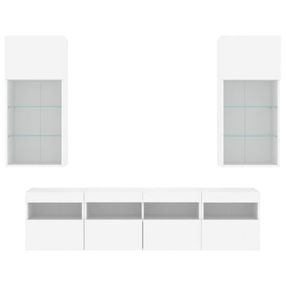 Mobili TV a Muro con LED 5pz Bianchi in Legno Multistrato