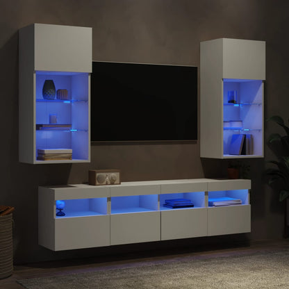 Mobili TV a Muro con LED 5pz Bianchi in Legno Multistrato