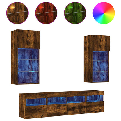 Mobili TV a Muro con LED 5pz Rovere Fumo in Legno Multistrato