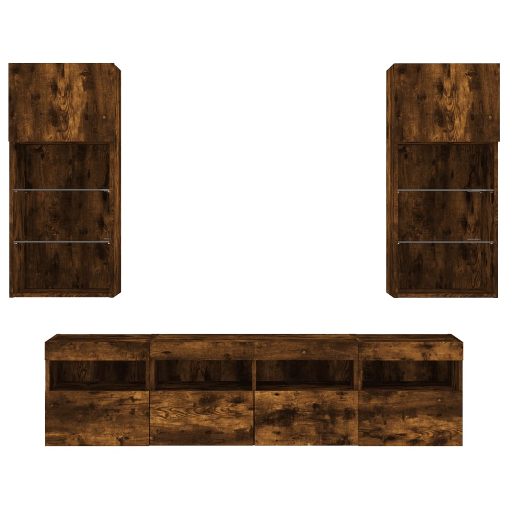 Mobili TV a Muro con LED 5pz Rovere Fumo in Legno Multistrato
