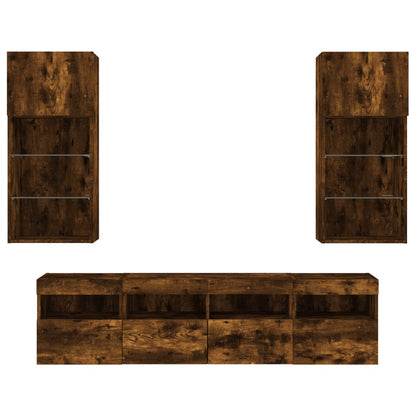 Mobili TV a Muro con LED 5pz Rovere Fumo in Legno Multistrato