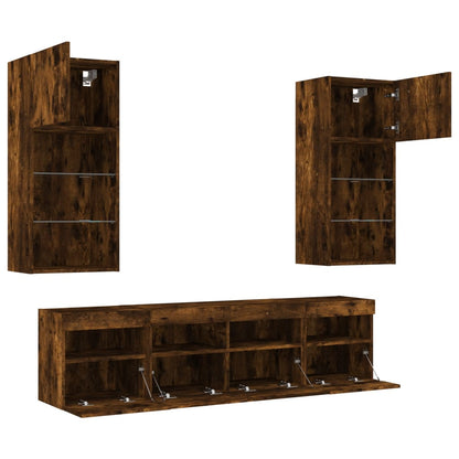 Mobili TV a Muro con LED 5pz Rovere Fumo in Legno Multistrato