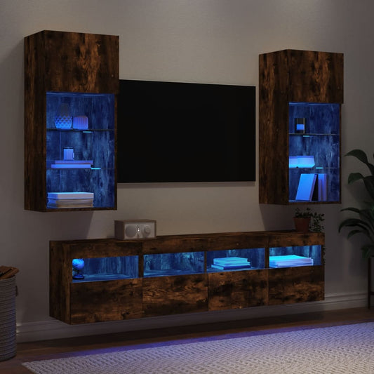 Mobili TV a Muro con LED 5pz Rovere Fumo in Legno Multistrato