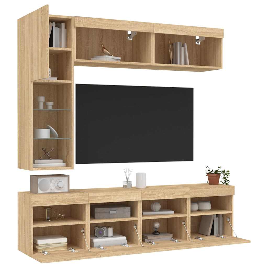 Set Mobili TV a Muro 7 pz con Luci LED Rovere Sonoma