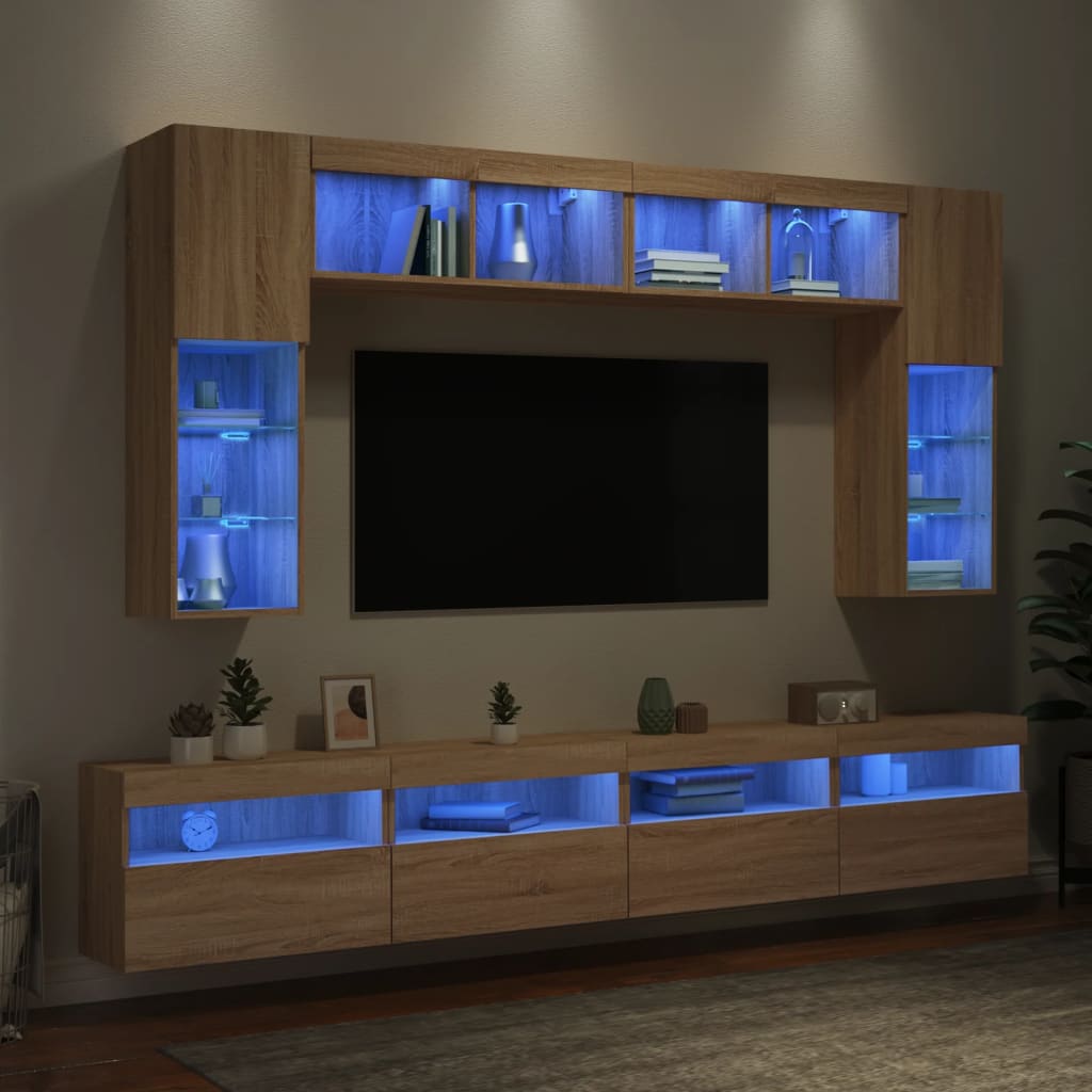 Set Mobili TV a Muro 8 pz con Luci LED Rovere Sonoma