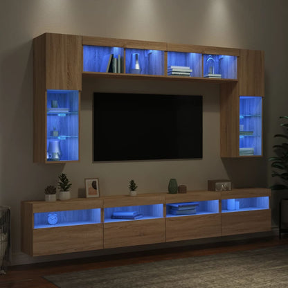 Set Mobili TV a Muro 8 pz con Luci LED Rovere Sonoma