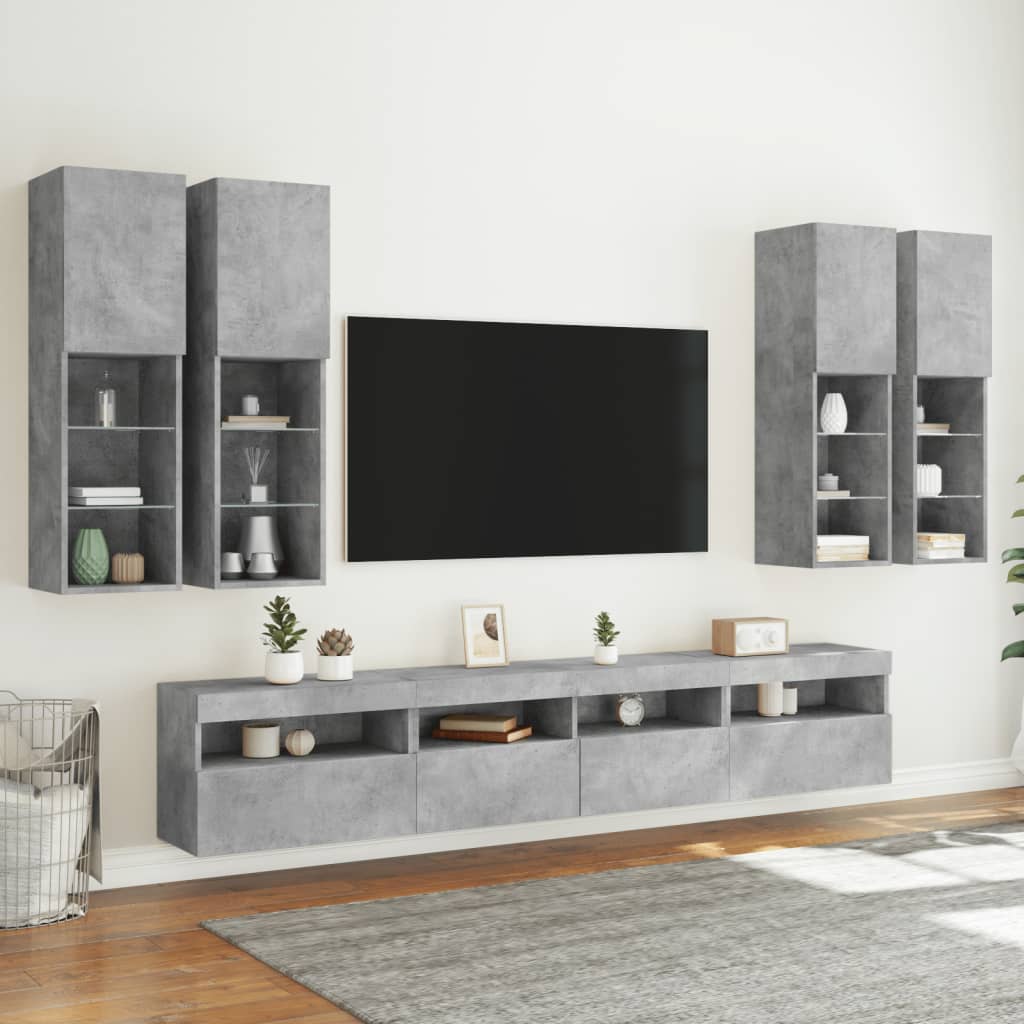 Set Mobili TV a Muro 7 pz con Luci LED Grigio Cemento