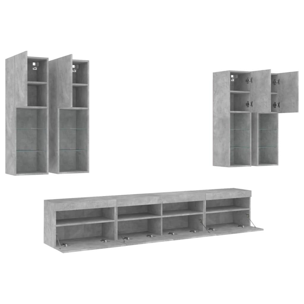 Set Mobili TV a Muro 7 pz con Luci LED Grigio Cemento