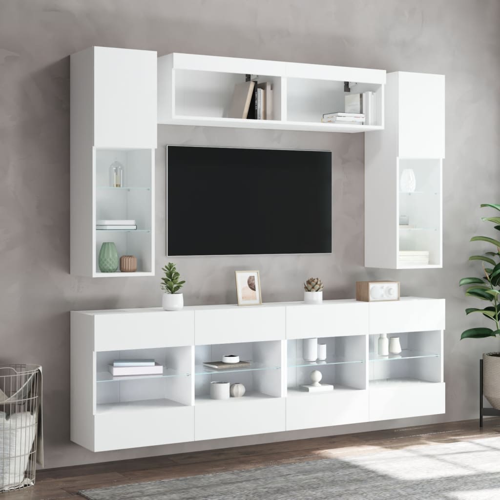 Set Mobili TV a Muro 6 pz con Luci LED Bianco