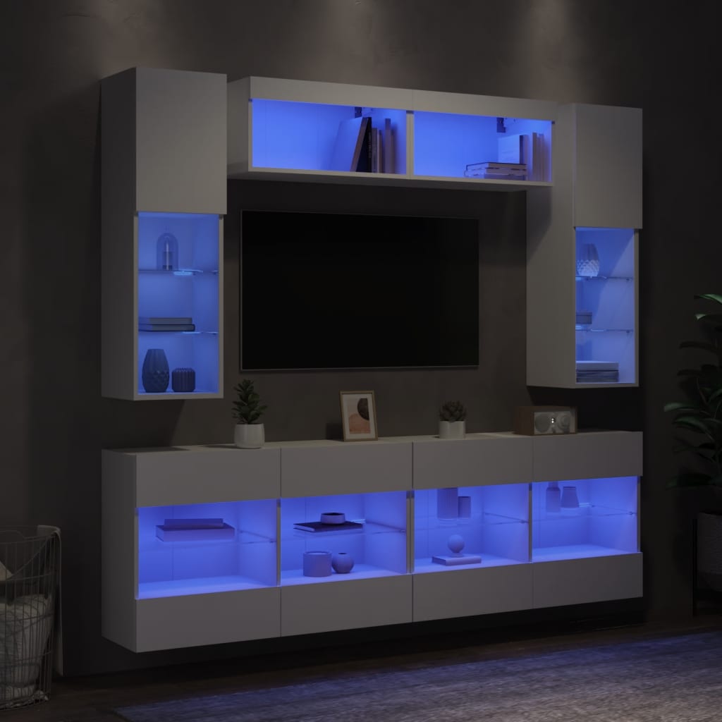 Set Mobili TV a Muro 6 pz con Luci LED Bianco