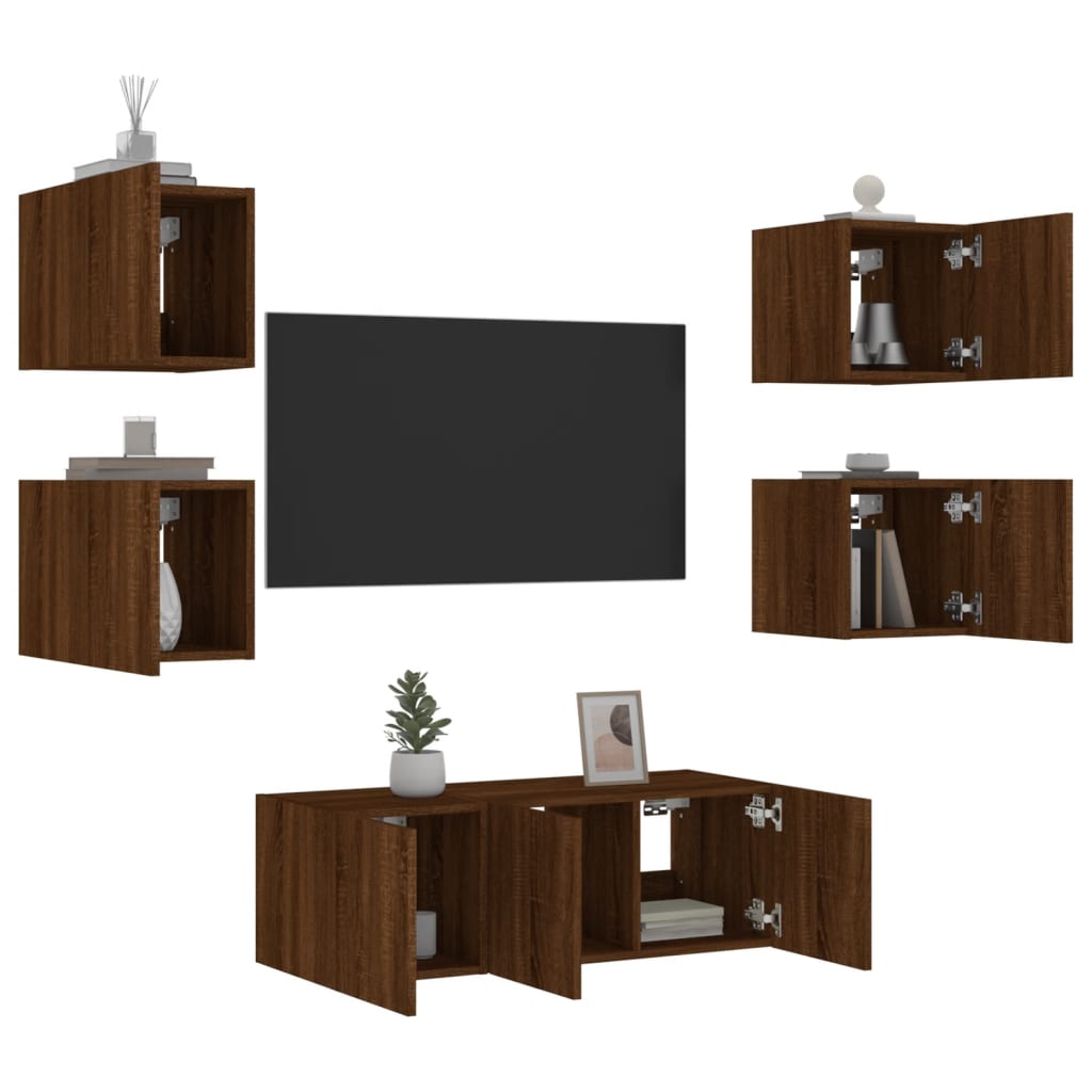 Mobili TV a Muro con LED 6pz Rovere Marrone Legno Multistrato - homemem39