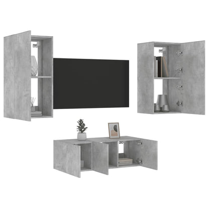 Mobili TV a Muro con LED 4pz Grigio Cemento Legno Multistrato - homemem39