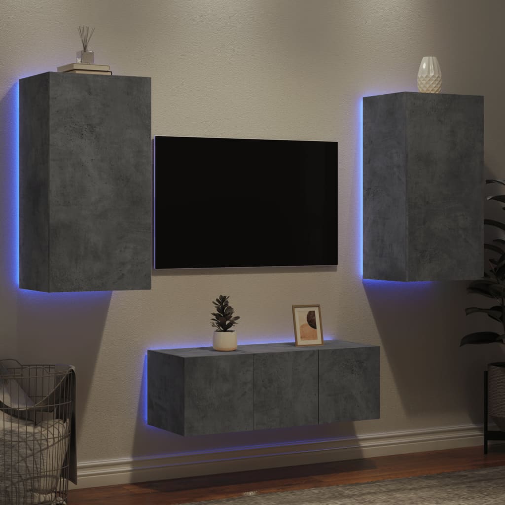 Mobili TV a Muro con LED 4pz Grigio Cemento Legno Multistrato - homemem39