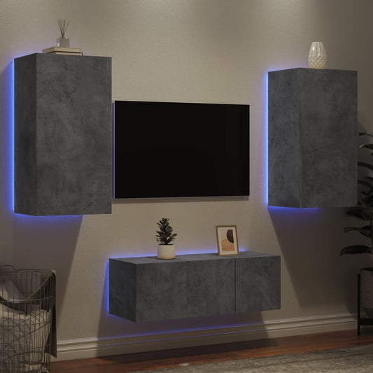 Mobili TV a Muro con LED 4pz Grigio Cemento Legno Multistrato - homemem39
