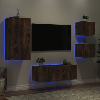 Mobili TV a Muro con LED 5pz Rovere Fumo in Legno Multistrato - homemem39