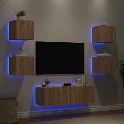 Mobili TV a Muro 5pz con Luci LED Rovere Sonoma