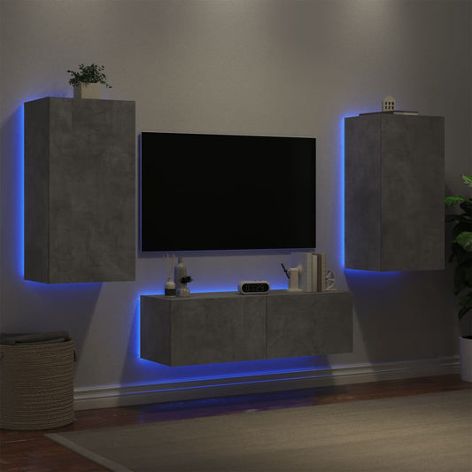Mobili TV a Muro 3pz con Luci LED Grigio Cemento - homemem39