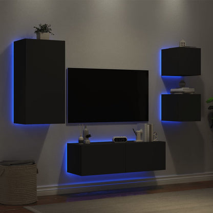 Mobili TV a Muro 4pz con Luci LED Neri