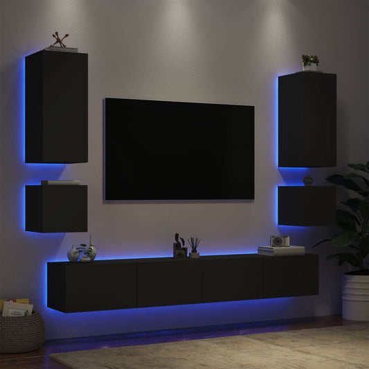 Mobili TV a Muro 6pz con Luci LED Neri