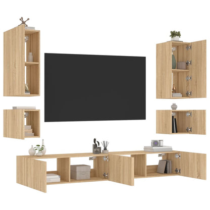 Mobili TV a Muro 6pz con Luci LED Rovere Sonoma