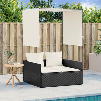 Lettino Prendisole con Tetto e Tende Nero in Polyrattan - homemem39