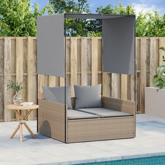 Lettino Prendisole con Tetto e Tende Beige in Polyrattan - homemem39