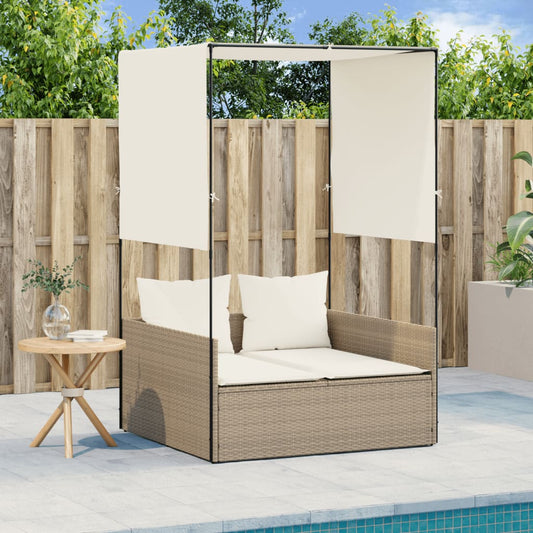 Lettino Prendisole con Tetto e Tende Beige in Polyrattan - homemem39