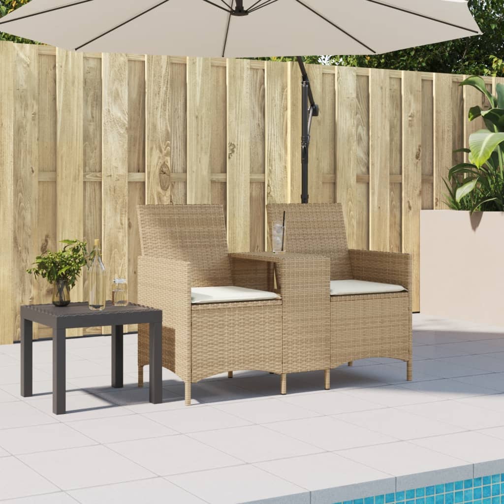 Divano Giardino 2 Posti con Tavolo e Cuscini Beige Polyrattan | homemem39