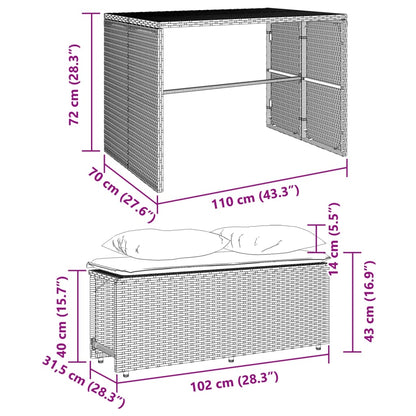 Set da Pranzo da Giardino 3pz con Cuscini in Polyrattan Marrone | homemem39