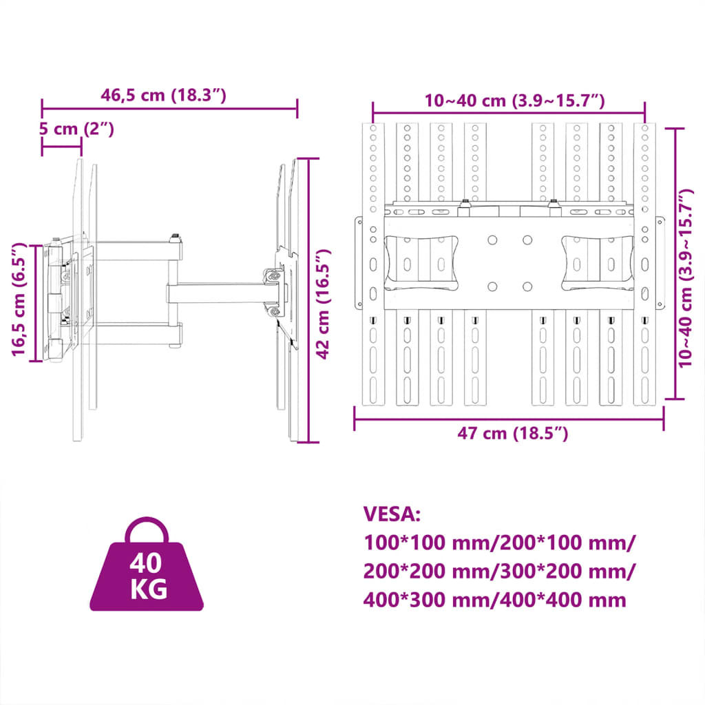 Supporto a Parete per Schermo 26"-70" Max VESA 400x400 mm 40kg