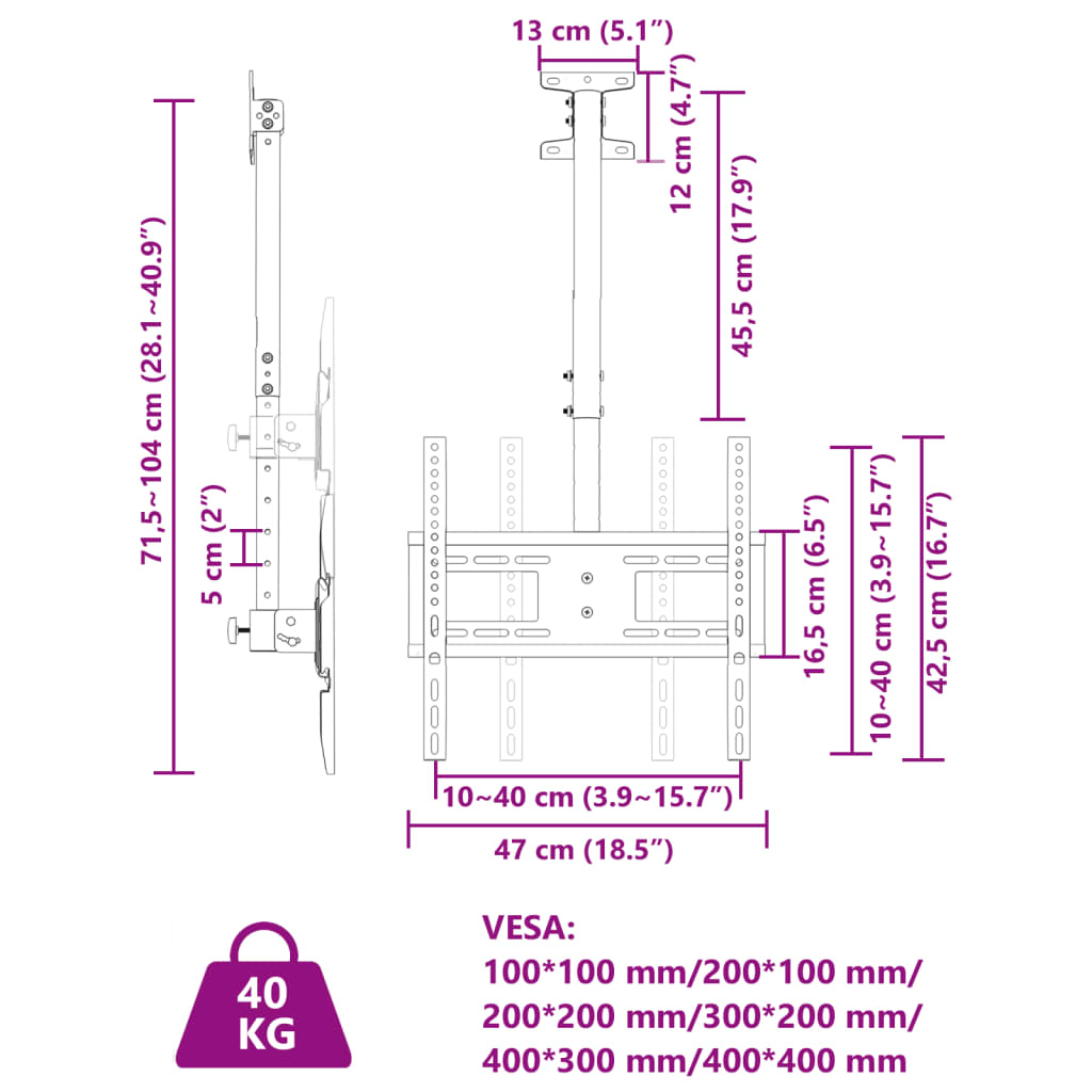 Porta TV a Soffitto per Schermo 32"-65" Max VESA 400x400mm 40kg