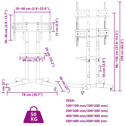 Supporto TV su Ruote Schermo 32"-70" Max VESA 600x400 mm 50kg - homemem39