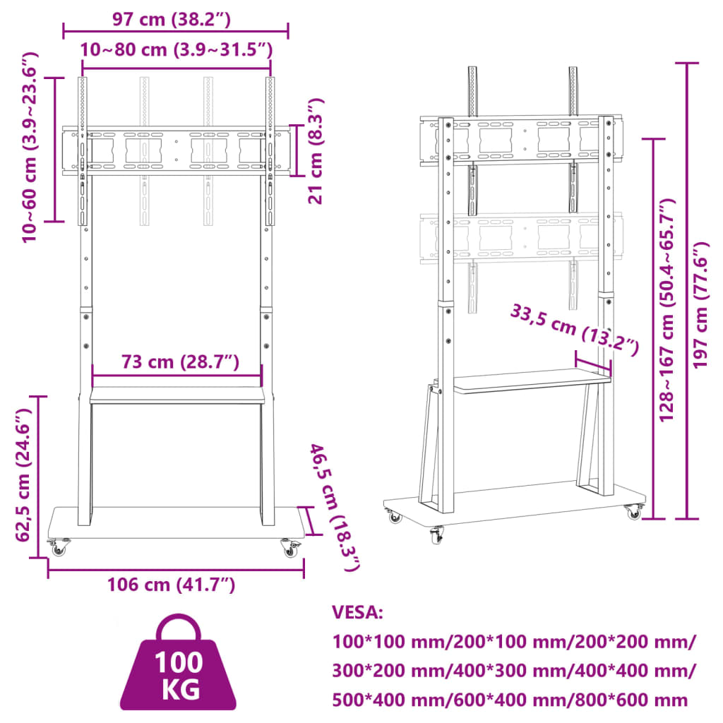 Supporto TV con Ruote Schermo 32"-90" Max VESA 800x600 mm 100kg - homemem39