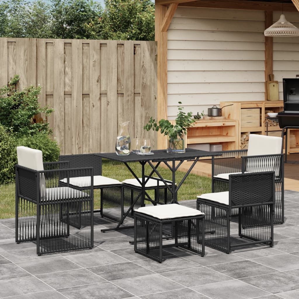 Set da Pranzo da Giardino 7 pz Nero con Cuscini in Polyrattan | homemem39