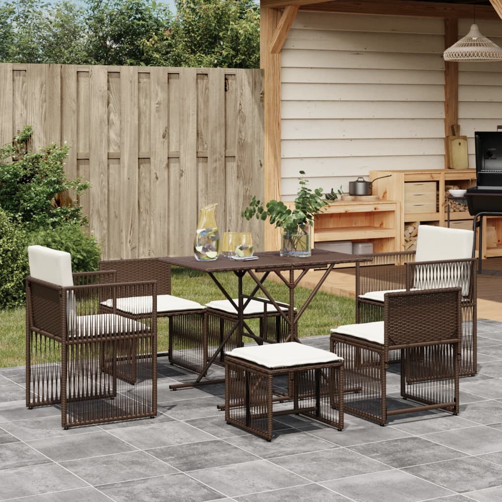 Set da Pranzo da Giardino 7pz con Cuscini in Polyrattan Marrone | homemem39