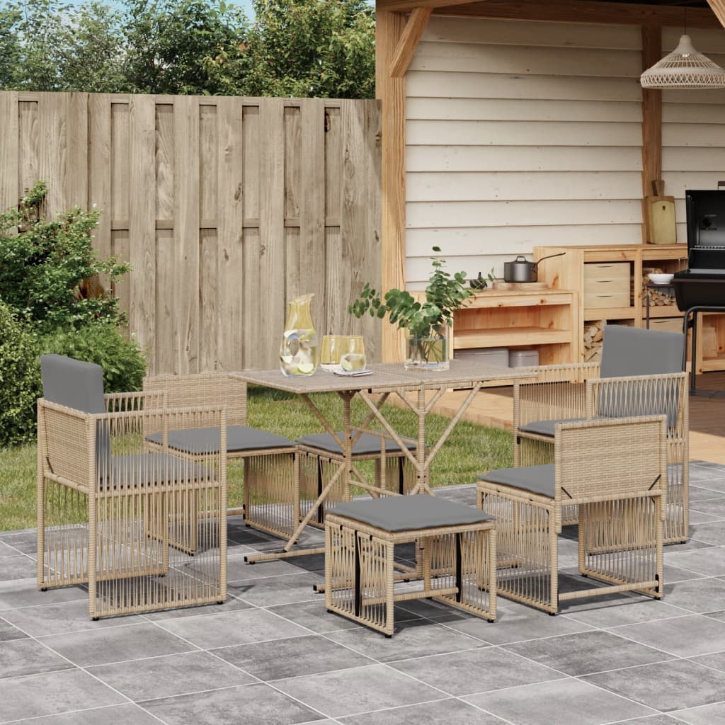 Set da Pranzo da Giardino 7 pz con Cuscini Beige in Polyrattan | homemem39