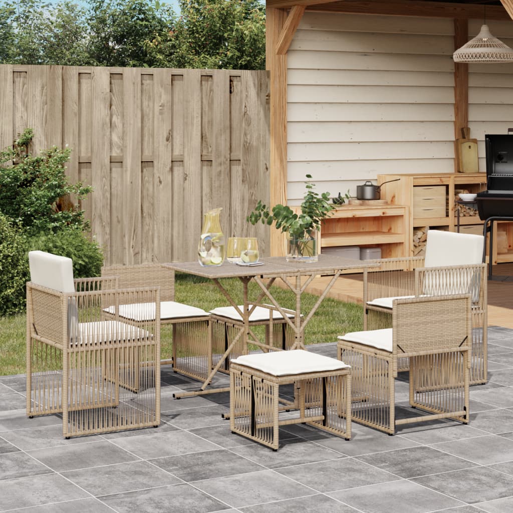 Set da Pranzo da Giardino 7 pz con Cuscini Beige in Polyrattan | homemem39