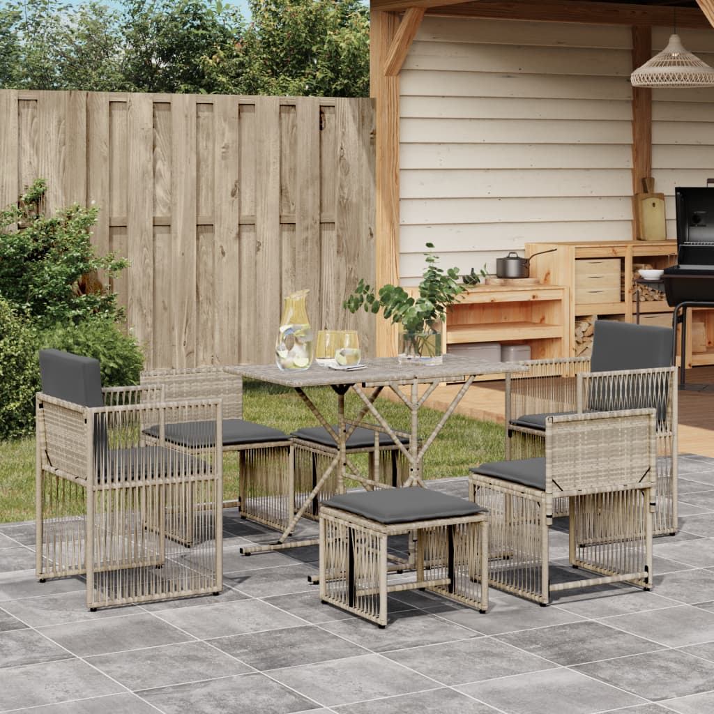 Set da Pranzo da Giardino 7 pz Cuscini Polyrattan Grigio Chiaro | homemem39