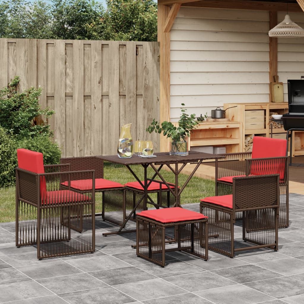 Set da pranzo da giardino da 7 pz con Cuscini in Polyrattan Marrone | homemem39