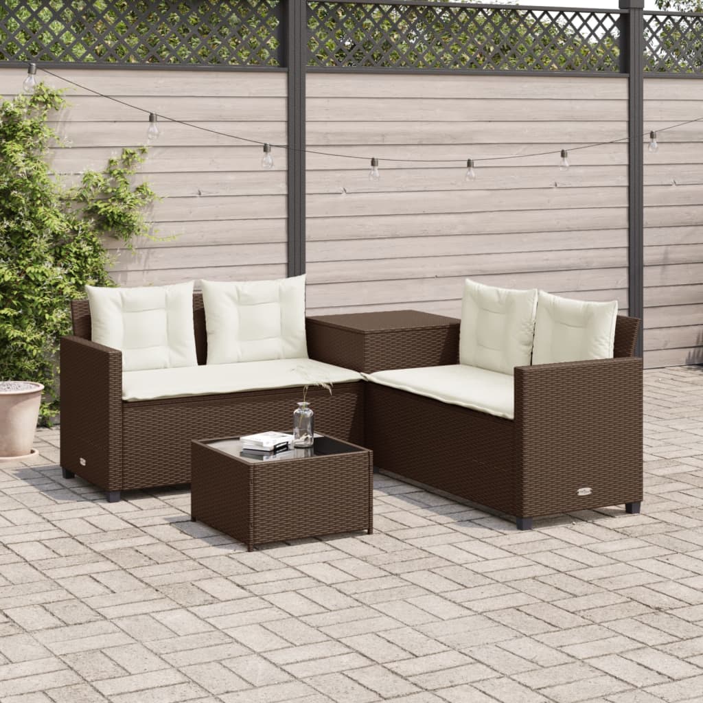 Divano da Giardino con Tavolo e Cuscini a L Marrone Polyrattan - homemem39